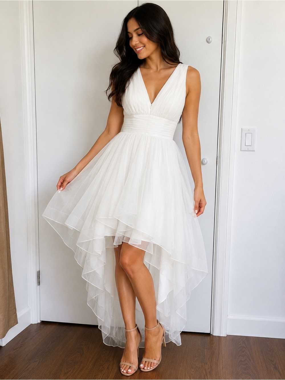 JJs House Ivory V-Neck High-Low Tulle Dress
